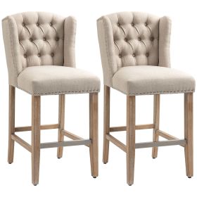 HOMCOM Counter Height Bar Stools Set of 2, 27" Inch Height Barstools with Nailhead-Trim, Tufted Back and Wood Legs, Beige