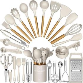 Chef Silicone Kitchen Utensil Set, 34PCS Heat Resistant Kitchen Gadgets and Tools With Grater, Wood Handles for Nonstick Cookware