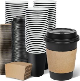 100 Pack 12 oz Disposable Coffee Cups with Lids and Sleeves, To Go Leak-Proof Black Paper Cups for Picnics, Parties, Travel