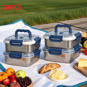 Yakimoto 2/4/6/8/10 PCS Extra-Large Stainless Steel Food Storage Containers With Blue Lids - Deep Design, Airtight Seal (Quantity: 10PCS)