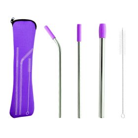 5pcs Set Stainless Steel Straws; Reusable Metal Straws With Silicone Tips; Sturdy Bent Straight Drinks Straw; Food Grade Straw; With 3pcs Straws; (Color: Purple)